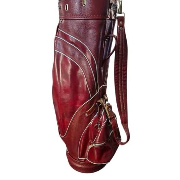 Vintage MacGregor Deep Wine Red Leather Golf Cart Bag w/ Carry Strap & Rain Hood - Picture 3 of 10